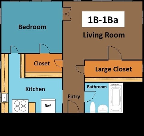 Floor plan for 1 bed, 1 bath, 664 sqft